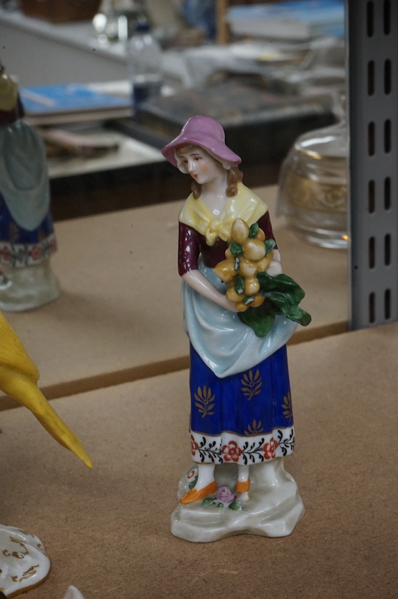 A small group of mixed ceramics to include a Royal Worcester model of a canary, No 2665, a Royal Doulton ‘cat’ group and a pair of continental figures. Tallest 16cm. Condition - mostly good